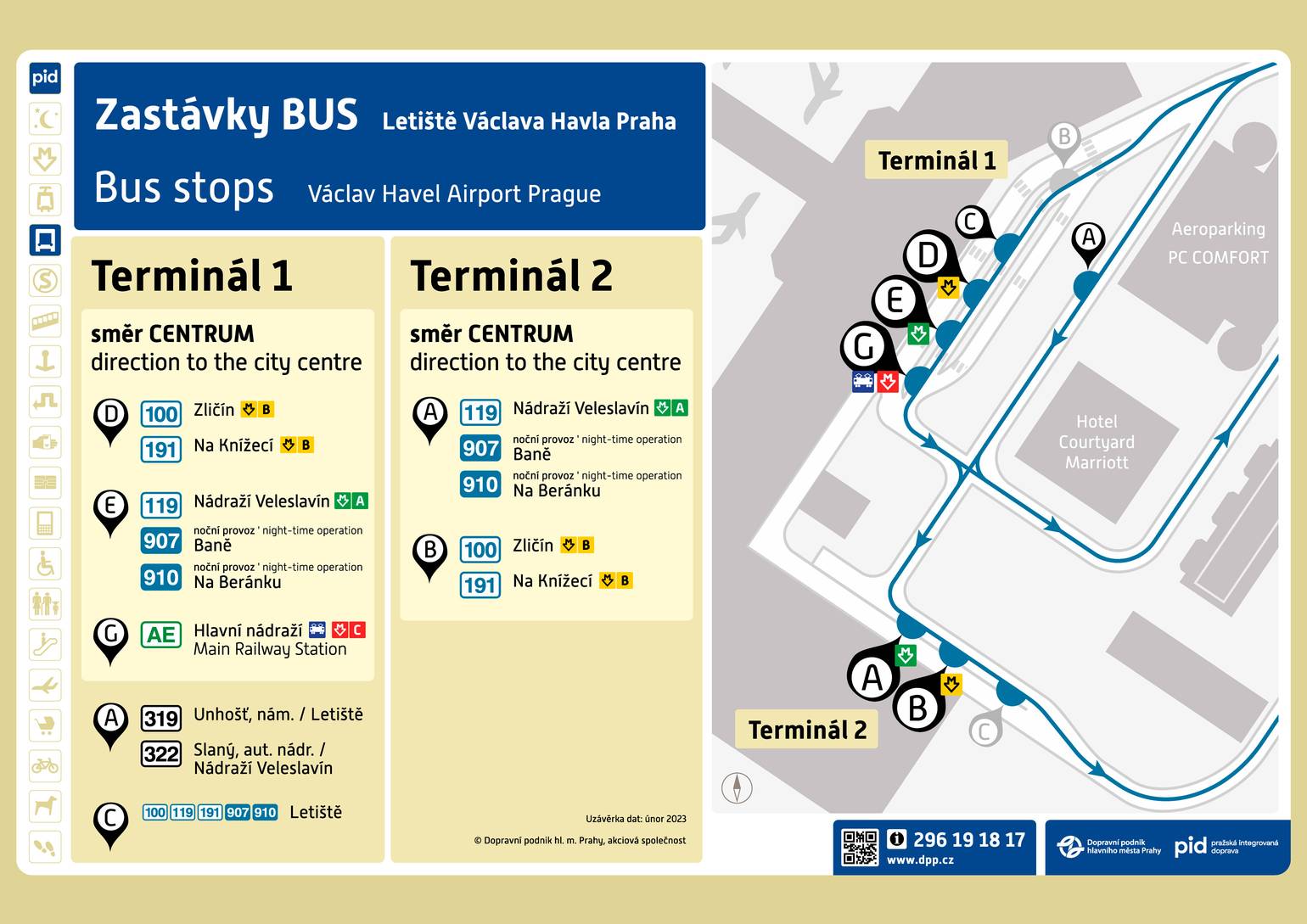 Mappa delle fermate degli autobus dell'aeroporto di Praga